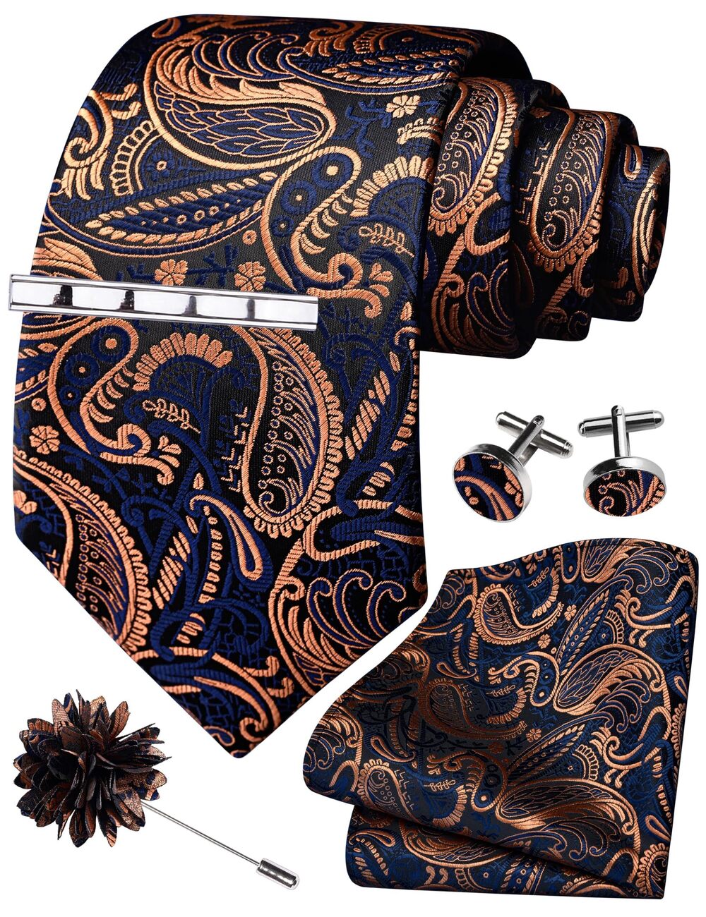2194 Gold Tie Set Paisley Wedding Silk Navy Gold Necktie Clip Pocket Square